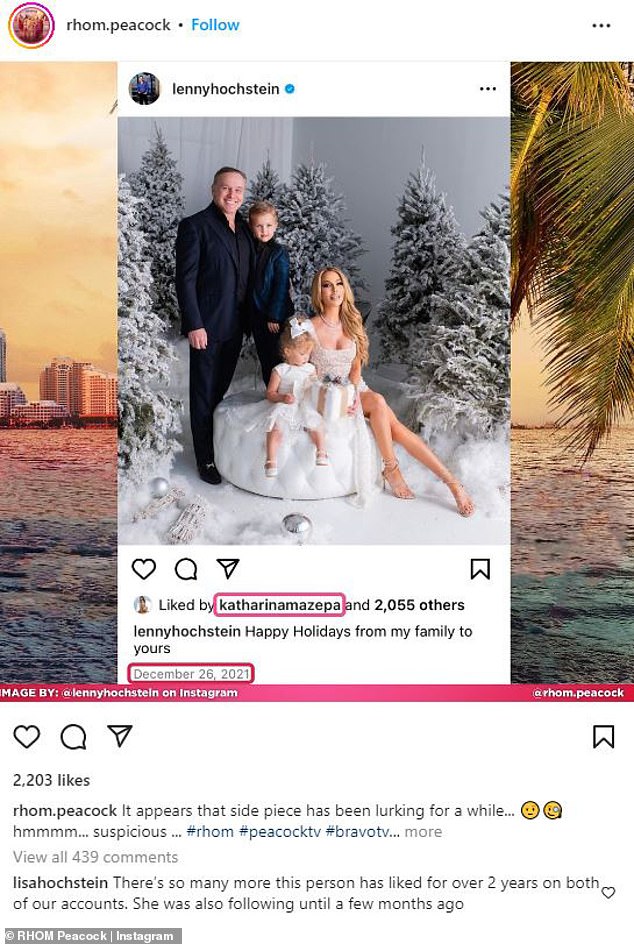 Fan: A Real Housewives fan named @rhom.peacock on Instagram reposted the December 2021 vacation photo of Lenny Hochstein with Lisa and their two children, Logan, 7, and Elle, 3, noting that Mazepa liked liked the photo.