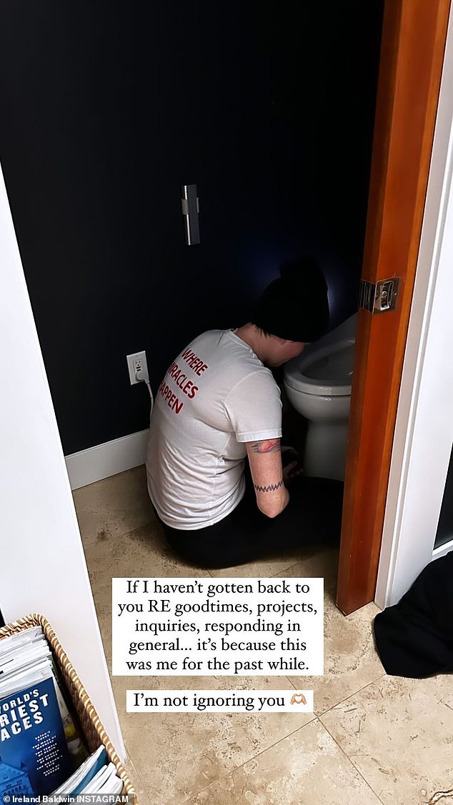 Morning sickness: She also shared that the pregnancy has made her motion sick and posted a photo of herself experiencing morning sickness next to a toilet