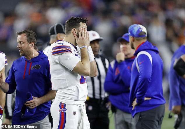 Buffalo Bills quarterback Josh Allen reacts to teammate Hamlin's injury