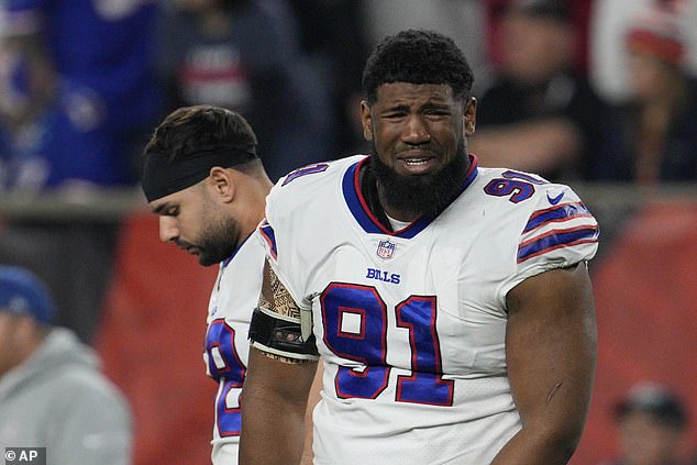 Bills' Ed Oliver reacts after teammate Hamlin gets hurt in the first quarter of the game