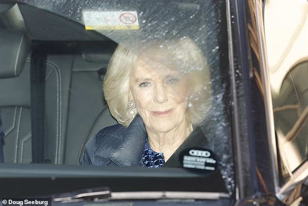 The queen consort looked serene as she was brought to Windsor Castle today, bundled up in a navy blue puffer jacket, ahead of the annual Christmas lunch.