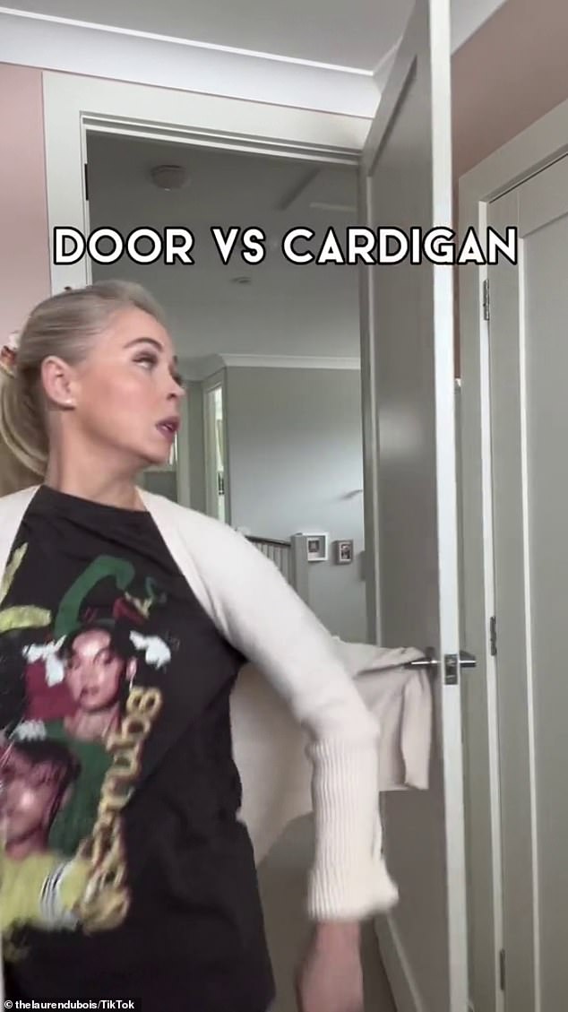 The mom of three begins with your cardigan getting caught in a door handle by hilariously exaggerating her reaction in the skit.