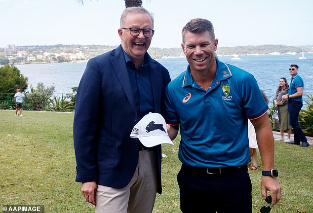 David Warner (right) attended Prime Minister Anthony Albanese's official residence, Kirribilli House, on New Year's Day, having previously indicated he would not mind entering politics.