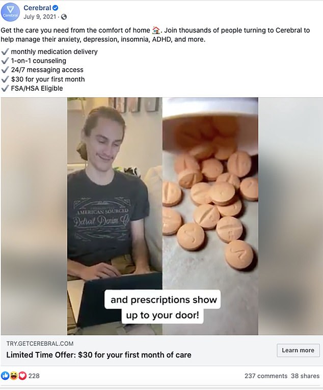 Cerebral and Done have stated that they do not lobby doctors and provide essential services, but the DEA is currently investigating the companies' prescribing practices.  Pictured is a snapshot of a Cerebral video ad that ran in 2021 on Facebook