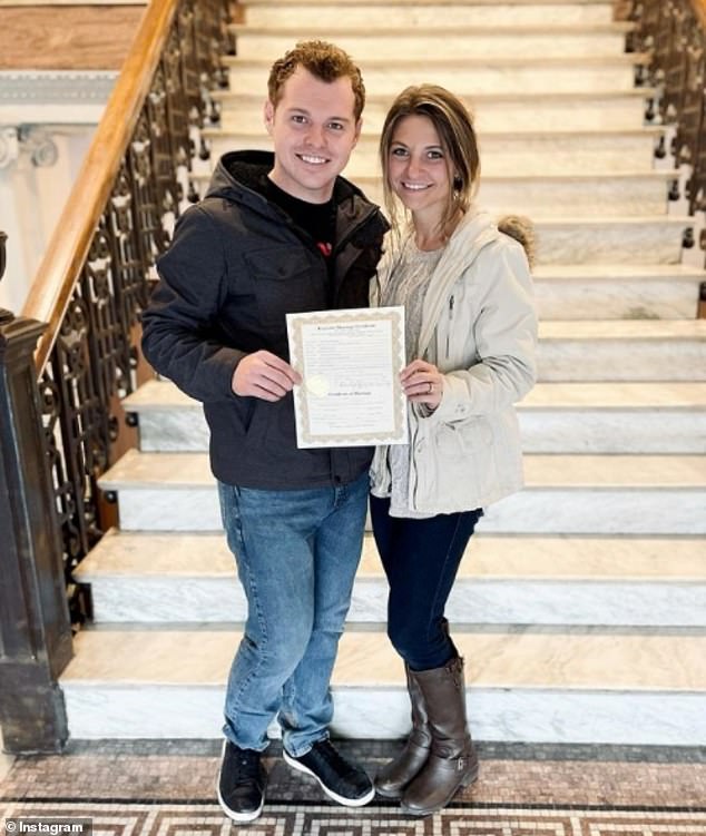 Marriage license: Hannah and Jeremiah are shown last March on Instagram holding their marriage license