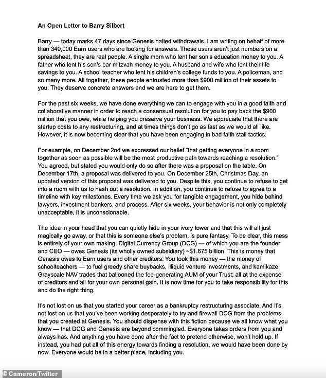 Cameron Winklevoss wrote an open letter to Barry Silbert about the $900 million his Gemini clients are owed.