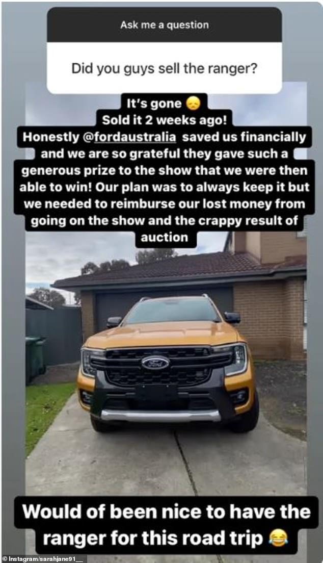 The couple also won an $80,000 Ford Ranger as a prize on the show which they were forced to sell.  They also revealed that they spent $40,000 of their savings to cover the cost of appearing on the show.