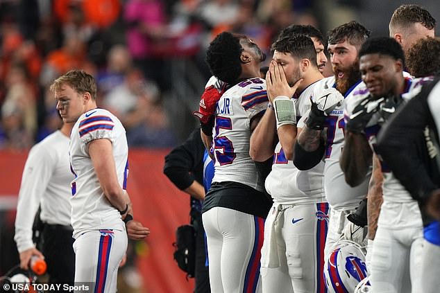 Bills players were distraught as doctors attended to Hamlin before putting him in the ambulance.