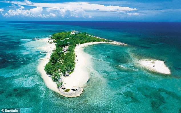 A boat service takes guests to the hotel's serene private island (above).