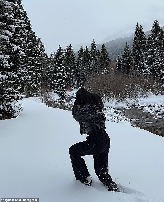 Picturesque powder: Kylie walked through deep powder amid a backdrop of sizable snow-covered pine trees near a river