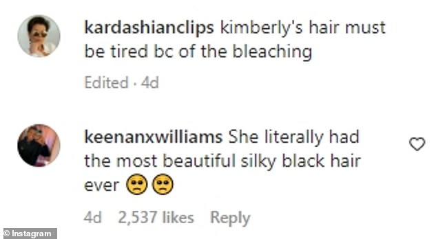 Damaged: Fans took to the comments to react to the look, with many lamenting the loss of their original hair