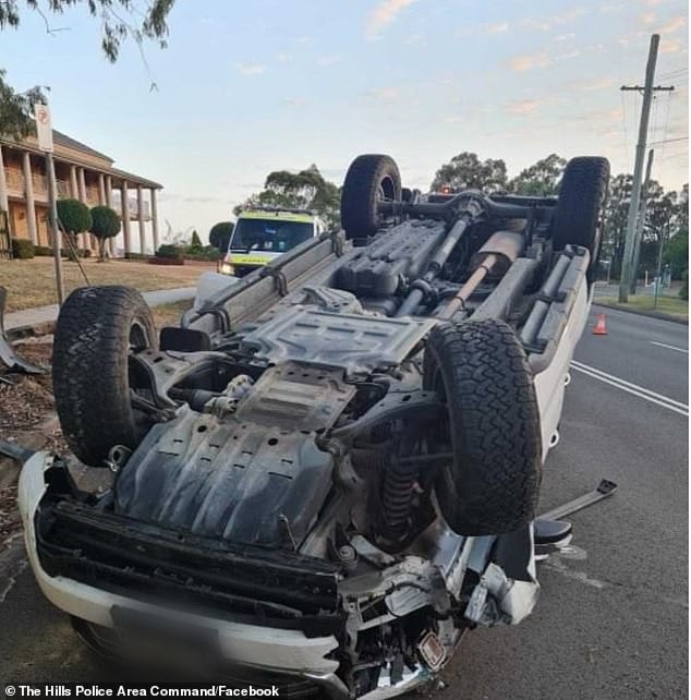 The man overturned his white Ford Ranger van at the corner of Seven Hills Road and Bingara Road in Baulkham Hills, north Sydney, at around 7:45am.