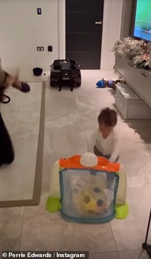 Sweet: The 29-year-old former Little Mix star took to his Instagram Stories on Monday to post an adorable clip of 16-month-old Axel kicking a football and taking a penalty