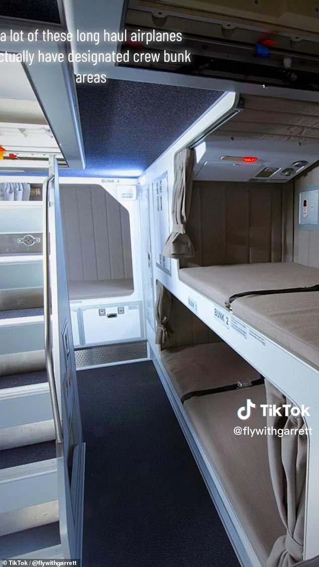 In another TikTok post, the aviation junkie reveals how pilots sleep on planes and reveals what one of the secret staff sleeping compartments looks like.