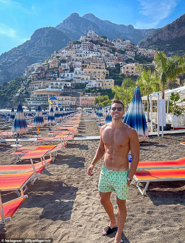 Many images show off his fit physique, which he says is the result of a dedicated fitness routine, in a variety of sun-soaked destinations.  Above, pictured on the Amalfi Coast in Italy