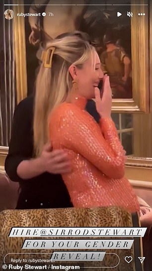 So sweet: Captioning the video 'Hire @sirrodstewart for your gender reveal!', Ruby was seen in a glamorous orange sequined dress laughing at her dad's excitement