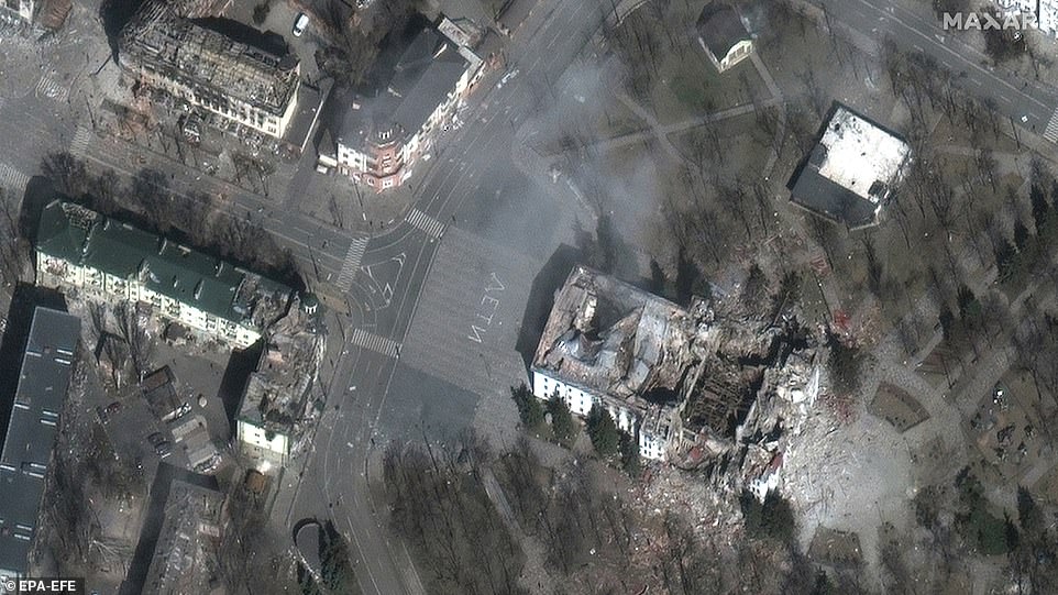 Mariupol Theater and nearby buildings, Mariupol, Ukraine, on March 29, 2022