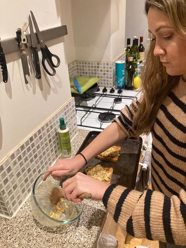 Once the mixture was combined, I spread it on two pieces of toast to place under the broiler, although I later realized that I had divided one serving into two slices.