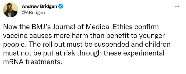 Mr Bridgen's post gained almost 2million views, with thousands of users of the social media platform praising him for 'speaking out'. One even described Mr Bridgen, 58, as being 'on the right side of history'