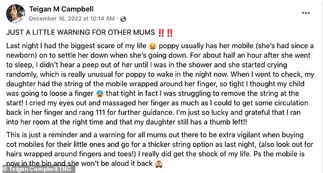 In a Facebook post, Teigan left a warning for other parents to be 