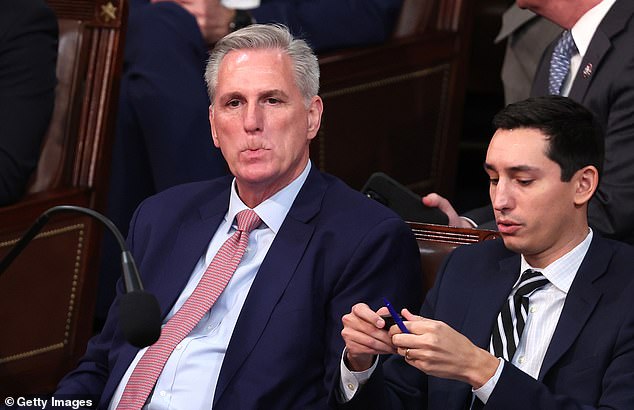 US House Minority Leader Kevin McCarthy (R-CA) reacts as Representatives cast their votes for Speaker of the House on the first day of the 118th Congress in the House of Representatives of the US Capitol on January 3, 2023 in Washington, DC.