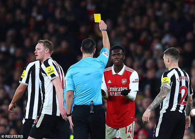 In a tense first half, the striker was booked for a foul that bothered the Gunners