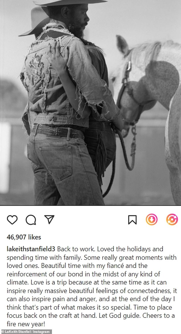 Happy: The actor shared a black and white photo writing: 'Loved the holidays and spending time with family...Lovely time with my fiancé and strengthening our bond in the midst of any kind of weather'