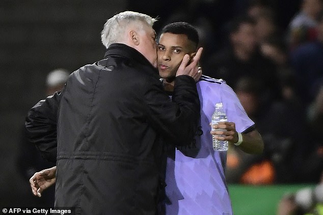 Real manager Carlo Ancelotti (left) awarded Rodrygo for his goal with a kiss after the match