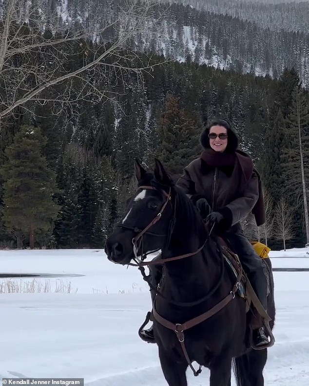 In her happy place: In Aspen over the weekend, Kendall was spotted riding a horse in the snow