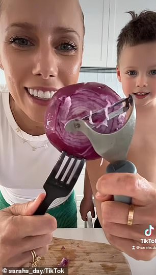 However, Sarah tried the trick on her three-year-old son Fox and failed to cut any onions (pictured)