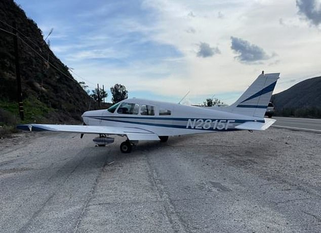 After landing, Peters was unable to use his radio, so he had to call his mother to tell her what had happened.  His Piper is depicted on the side of the road.