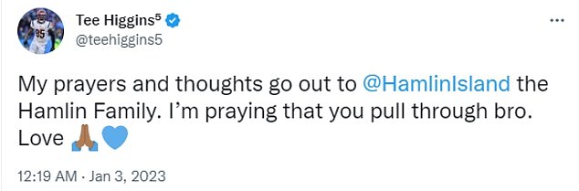 Higgins tweeted Monday night that he was praying for Hamlin to pull through.