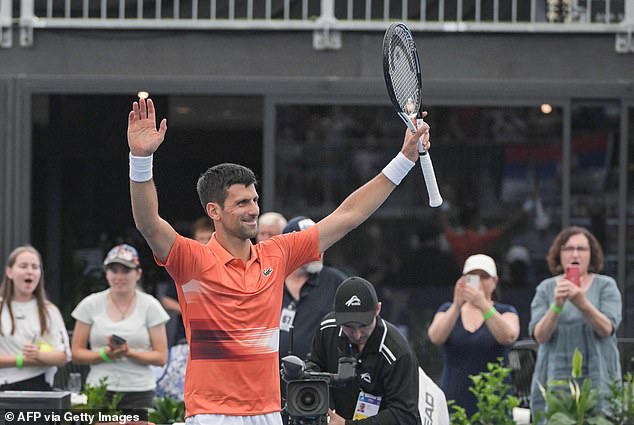 Novak Djokovic celebrates after comfortably representing Constant Lestienne at the Adelaide International on Tuesday