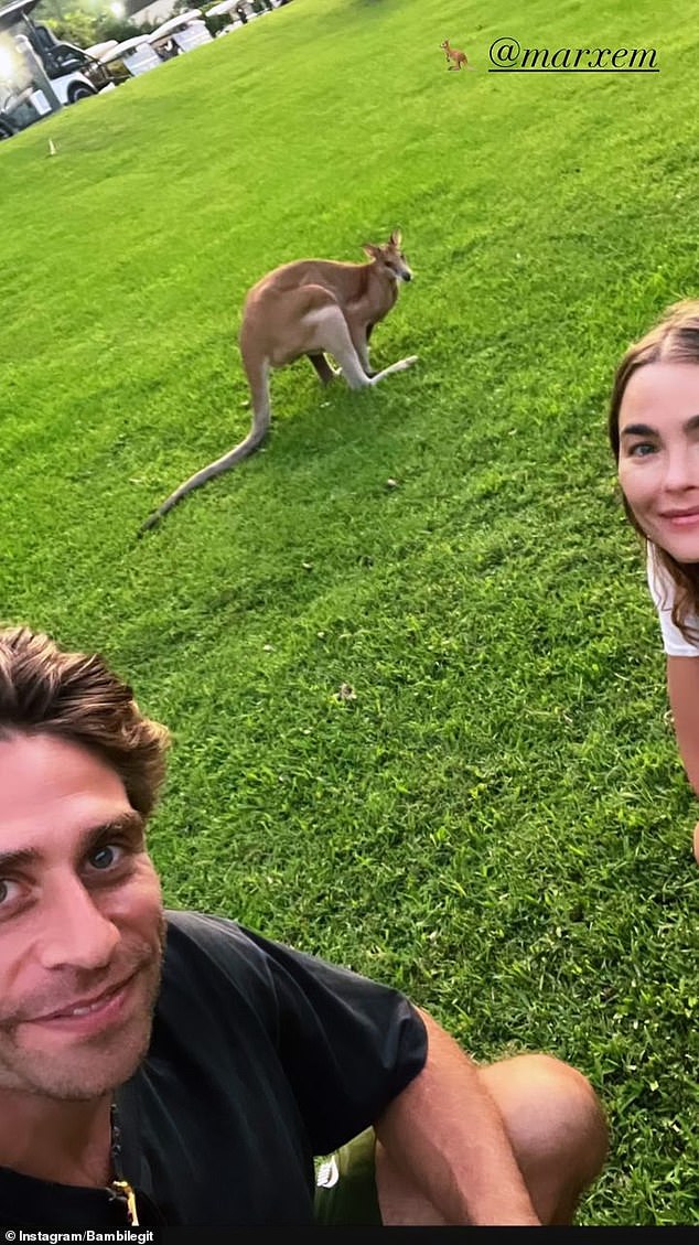 The couple also took a selfie with a pair of kangaroos at what appeared to be a golf course.