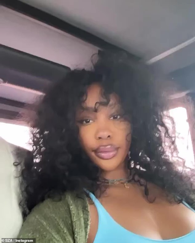 Busty: SZA kicked off the slideshow with a video of herself in the backseat of a vehicle wearing a busty aqua blue tank top and beaded choker necklaces.