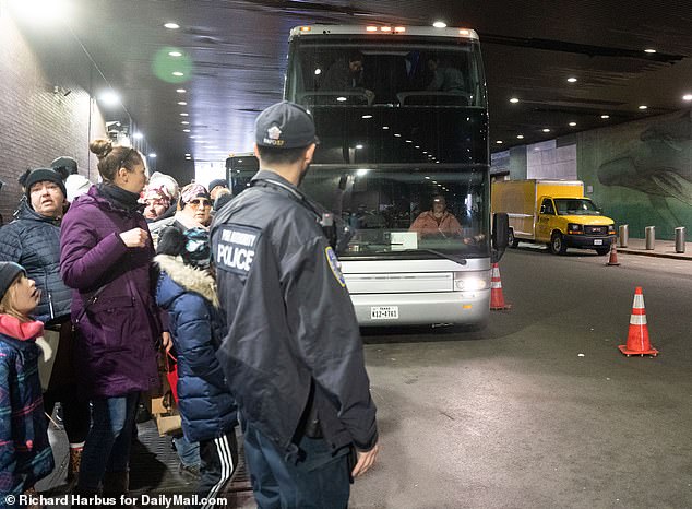 An image from December 2022 shows buses carrying immigrants to New York City from Texas.