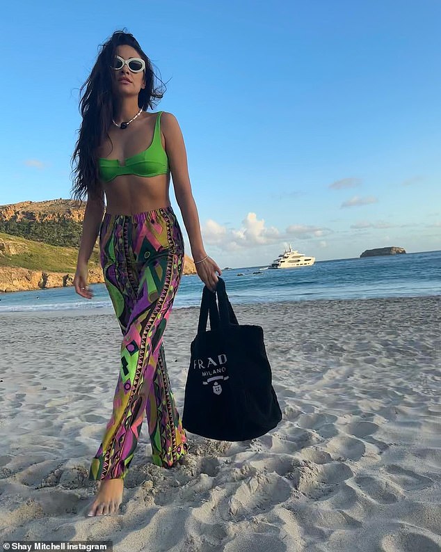 Sizzling: The actress, 35, showed off her toned figure in a green bikini as she shared a series of sun-soaked Instagram snaps from her jaunt to the Caribbean