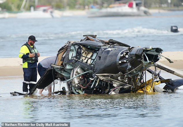 Ms Tadros, pilot Ash Jenkinson and British couple Ron and Dianne Hughes died after their helicopter (above) collided with another Sea World plane just 20 seconds after takeoff.