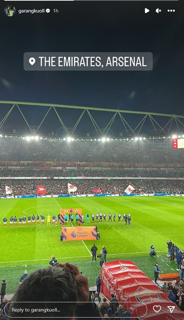 Kuol took to Instagram to show that he was in the crowd at London's Emirates Stadium.