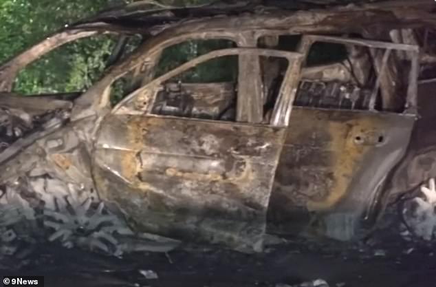 Taufua was pulled from her burning vehicle (above) as retired physician Chris Fawcett, 79, his partner Susan Zimmer, 70, and their daughter Steffanie, 35, died at the scene.