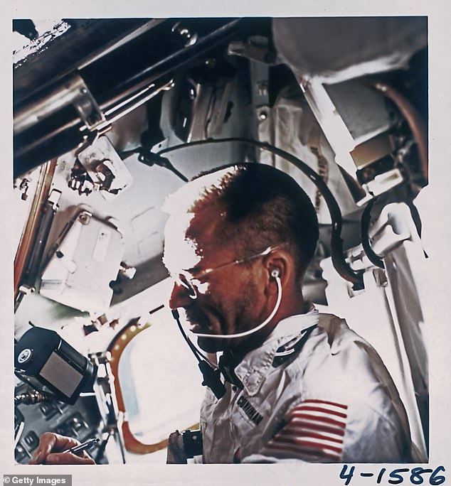 Walter Cunningham during the Apollo 7 mission, October 1968. The mission launched from Cape Kennedy Air Force Station, Florida, on October 11 and splashed down in the Atlantic Ocean south of Bermuda on October 22