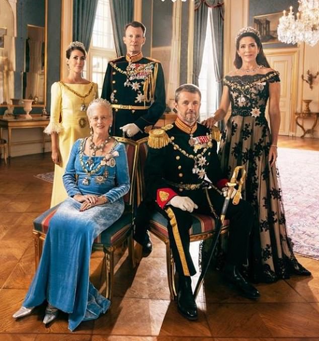 It was a tumultuous autumn for the Danish royal family after the monarch stripped Joachim's four children of their titles of prince and princess, a move he spoke out against (pictured, Queen Margrethe with her children, the Crown Prince Frederik and Prince Joachim, and their wives).  Crown Princess Mary and Princess Marie)