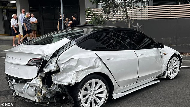 The rear of the car (pictured) was also badly damaged in the accident in the Pyrmont area of ​​Sydney.