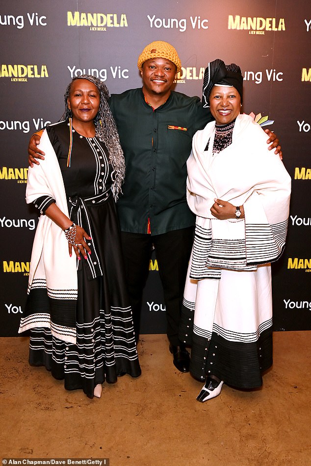 Ndileka Mandela (left), pictured with Luvuyo Madasa and her sister Nandi Mandela in London last month, has criticized the Sussexes for using Mandela's name.