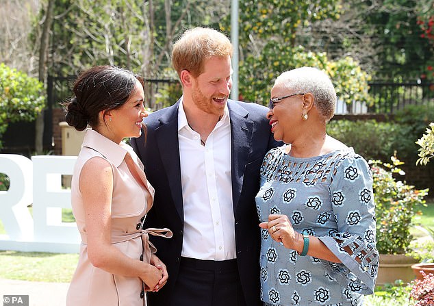 The Duke and Duchess of Sussex meet Graca Machel, widow of the late Nelson Mandela, on the last day of their tour of Africa in 2019