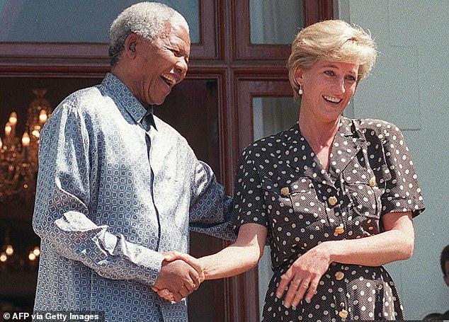 South African President Nelson Mandela and Princess Diana at Mandela's home in Cape Town, South Africa, on March 17, 1997.