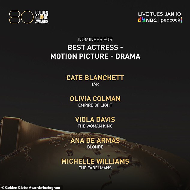 Who will win?  De Armas, who only learned English in 2015, a year after moving to Los Angeles, faces strong competition against The Woman King's Viola Davis, Tár's Cate Blanchett, The Fabelmans' Michelle Williams and Empire of Light's Olivia Colman.