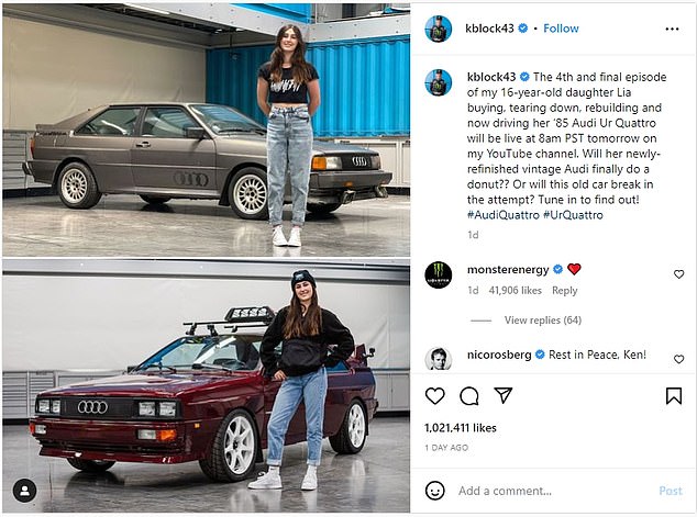 Just hours before her death, Ken Block posted a photo of his daughter Lia next to a 1985 Audi Quattro that she had bought and restored herself, on January 2, 2023.