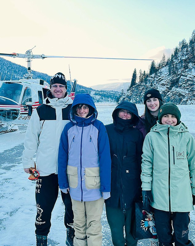 Ken Block shared a family vacation photographed just days before his tragic death.  Pictured: Block with his wife Lucy and his three children, including his daughter Lia, in the Selkirk Mountains, British Columbia, Canada