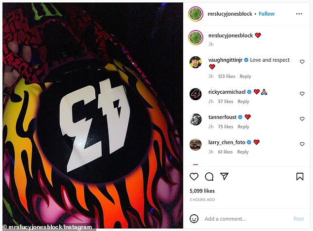 Lucy Block posted a photo of her husband Ken Block's helmet he was wearing when he died.  It was captioned with a heart emoji, January 4, 2023